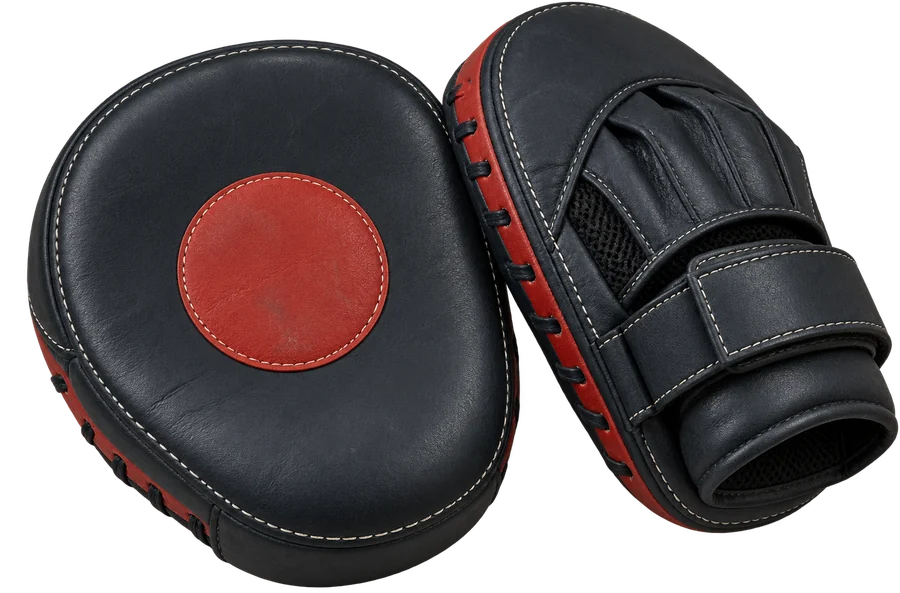 A pair of navy focus mitts with red targets